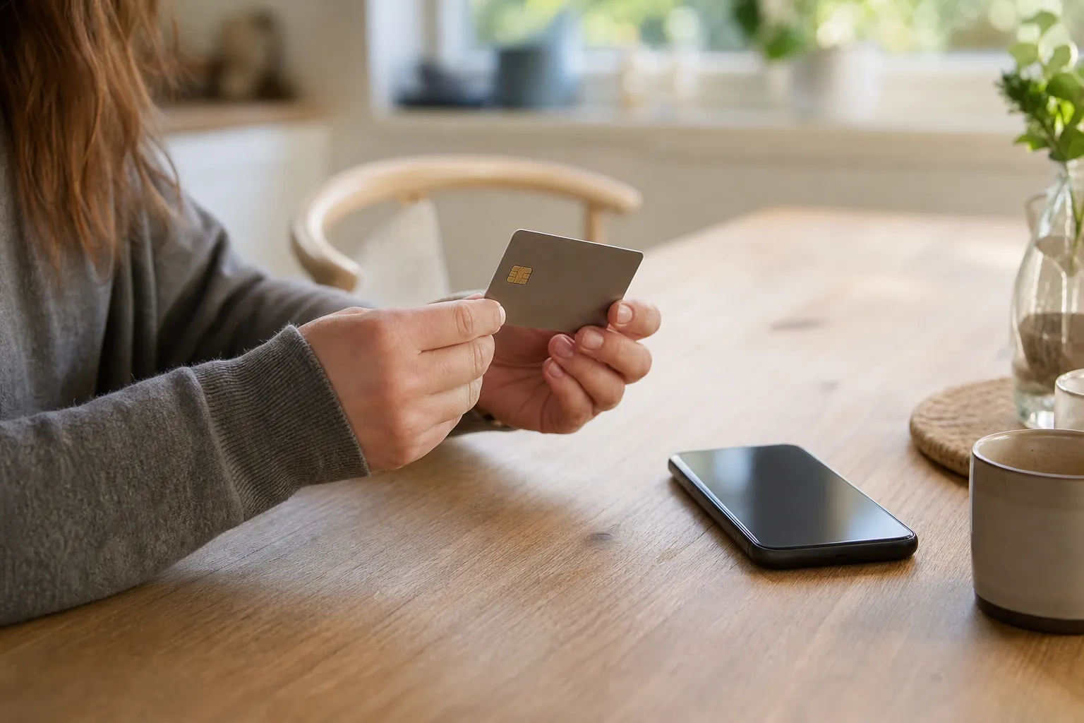 Person som betalar en räkning i mobilbanken vid köksbordet
