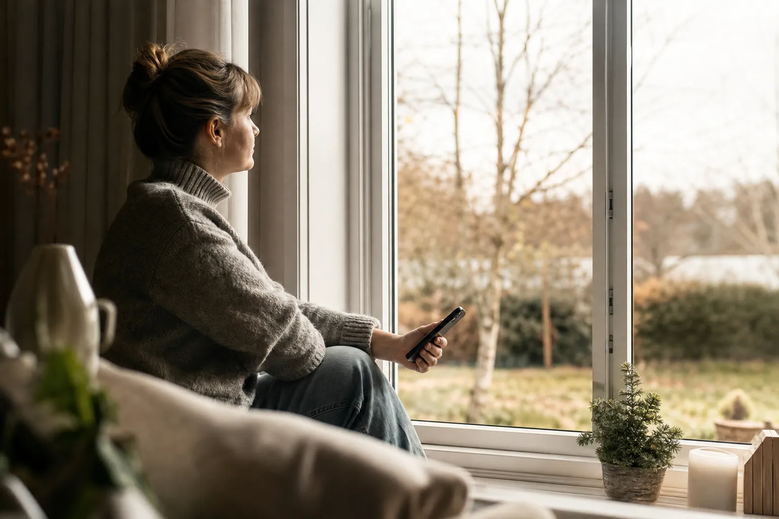 Person som läser igenom ett avtal vid köksbordet med mobiltelefonen bredvid