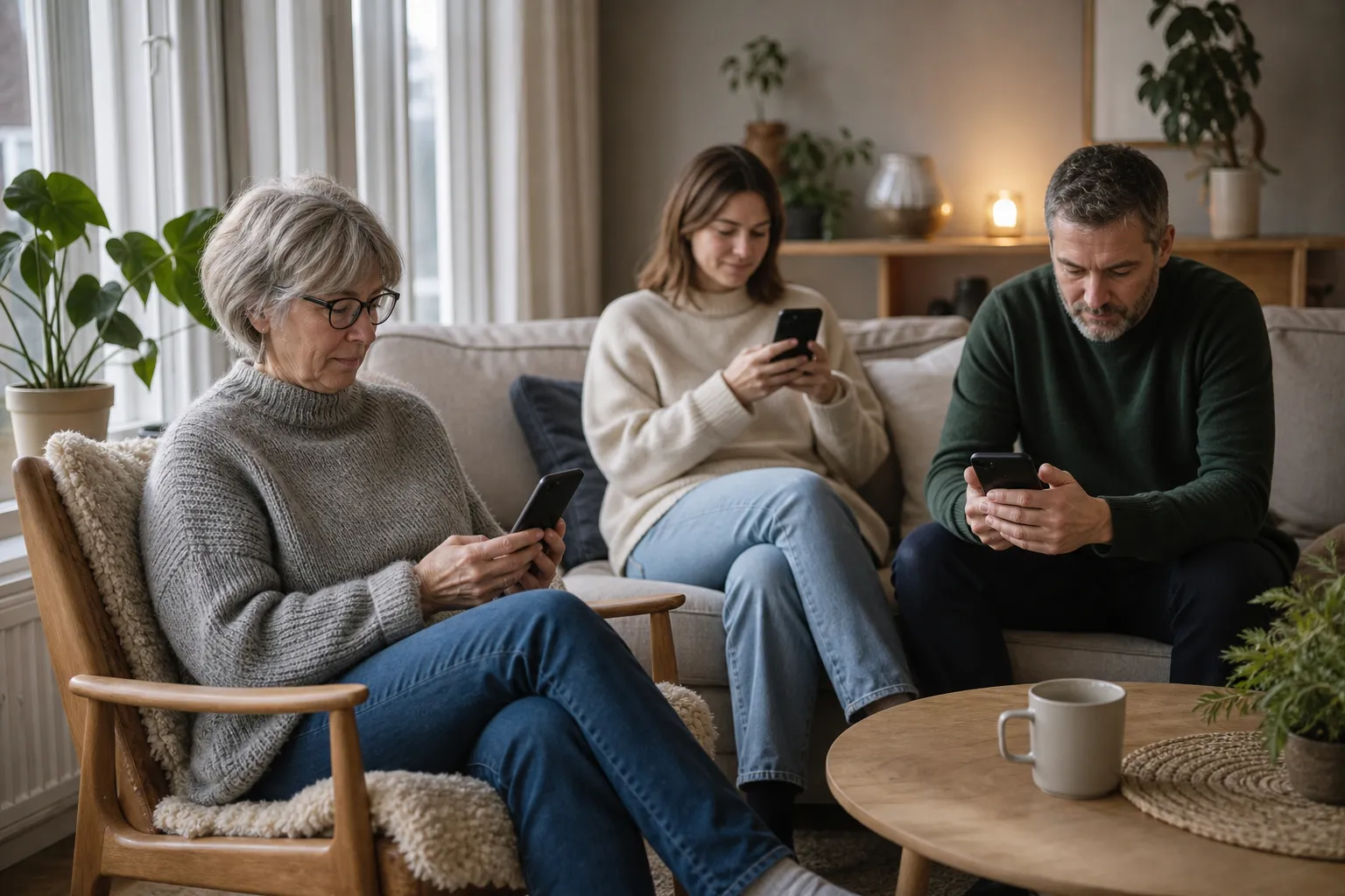 Familj i olika åldrar som använder sina mobiltelefoner i vardagsrummet