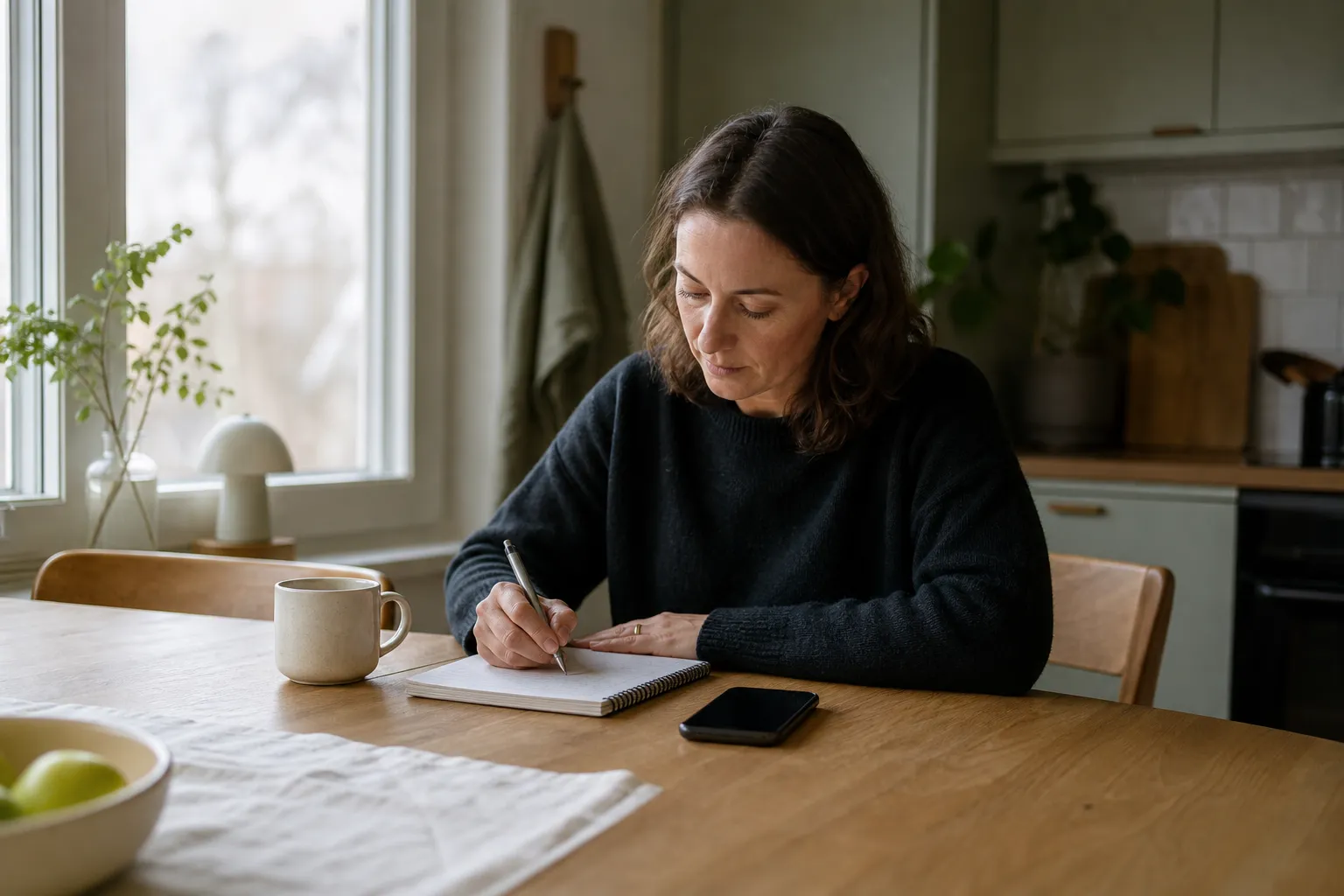 Anteckningsblock med sparkalkyl bredvid en mobiltelefon och en kopp kaffe