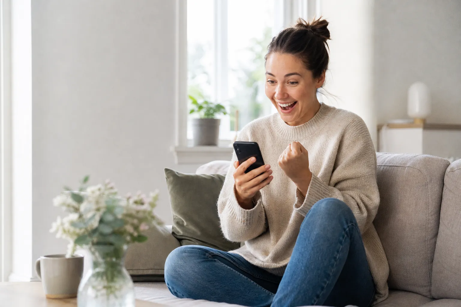 Person som upptäcker ett erbjudande på sin mobiltelefon hemma