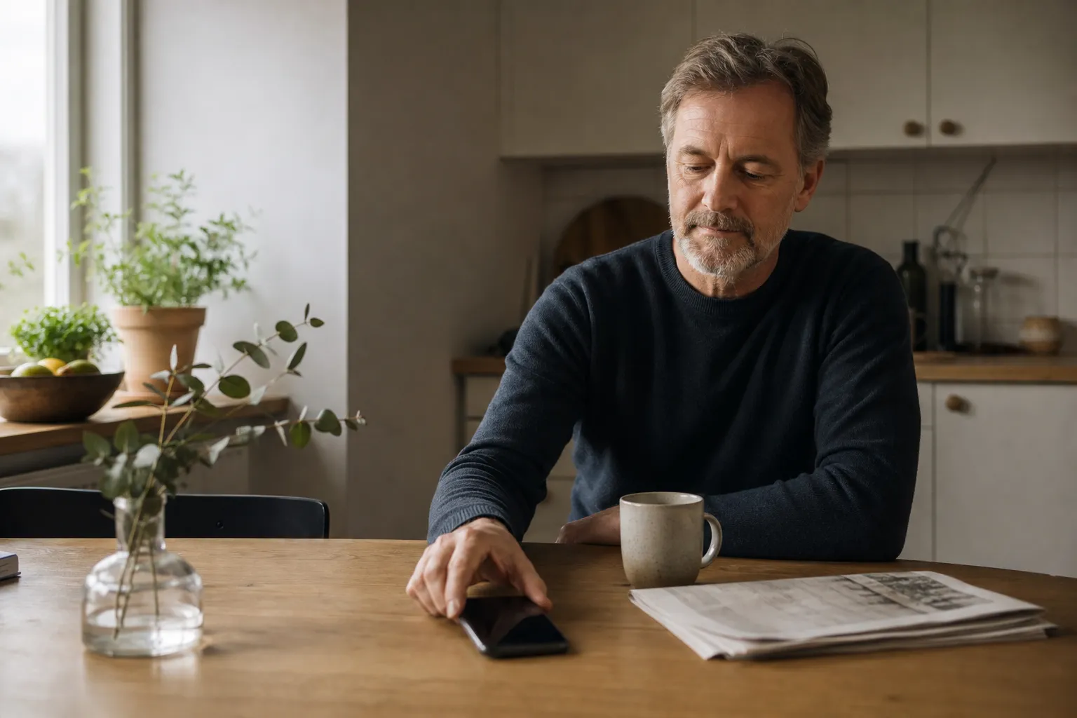 Mobiltelefon som ligger orörd på ett bord bredvid en kaffekopp