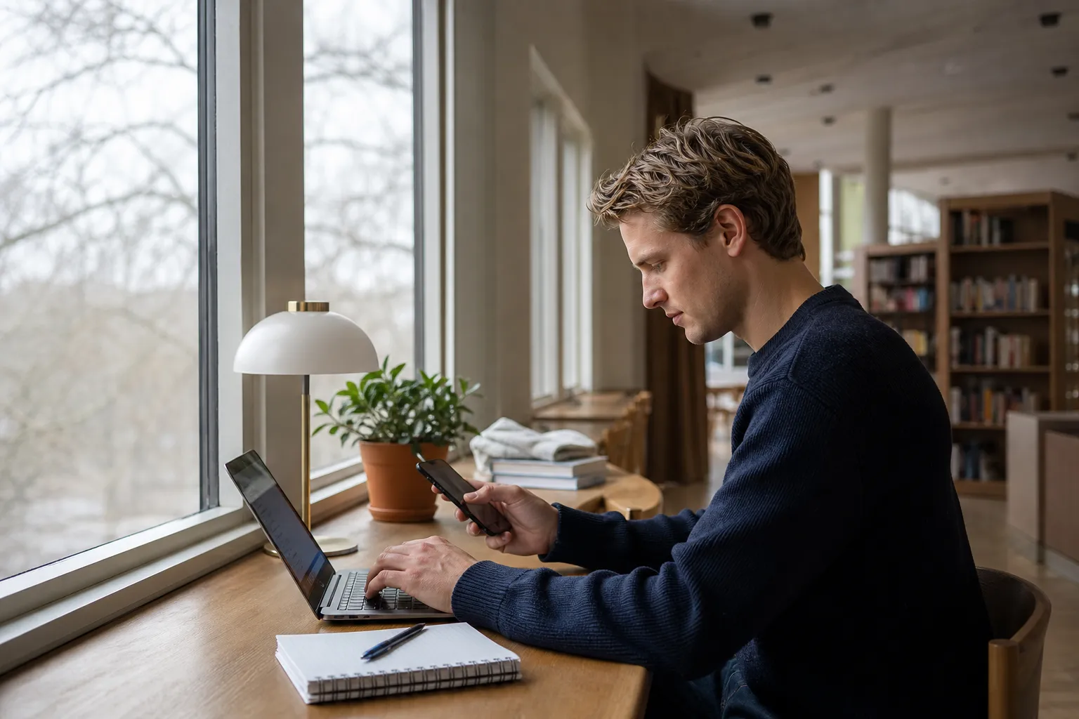 Student som jämför mobilabonnemang på sin telefon bredvid en uppslagen laptop