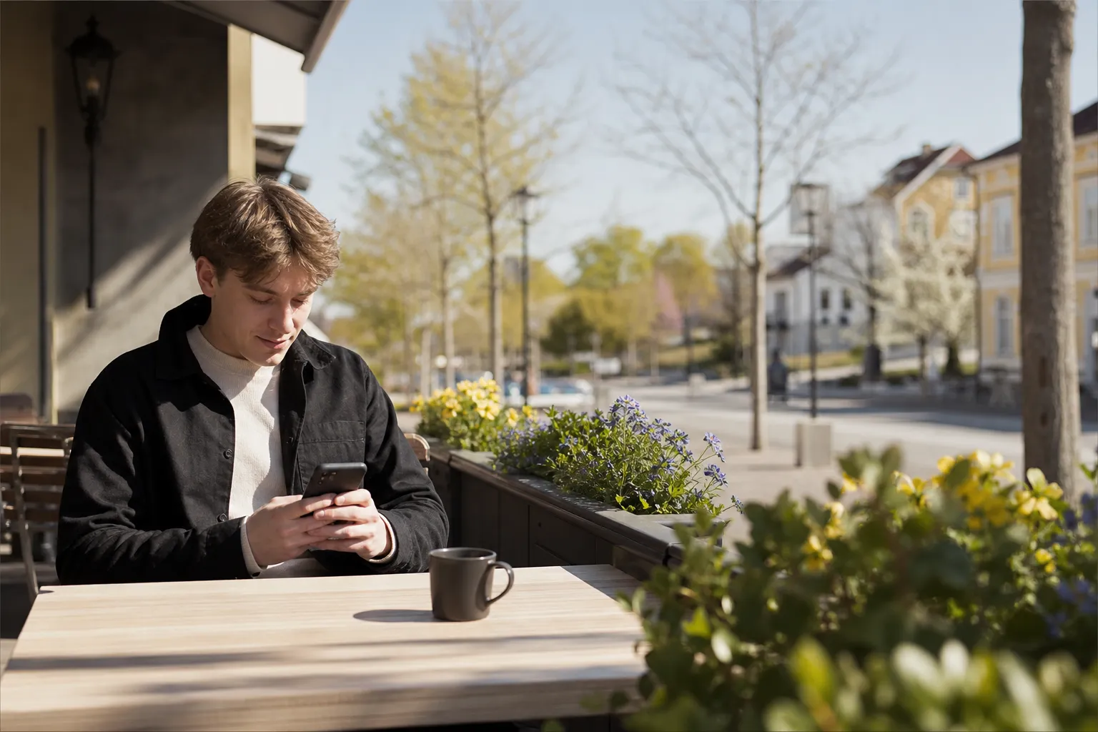 Ung person som jämför mobilabonnemang i sin telefon på ett café